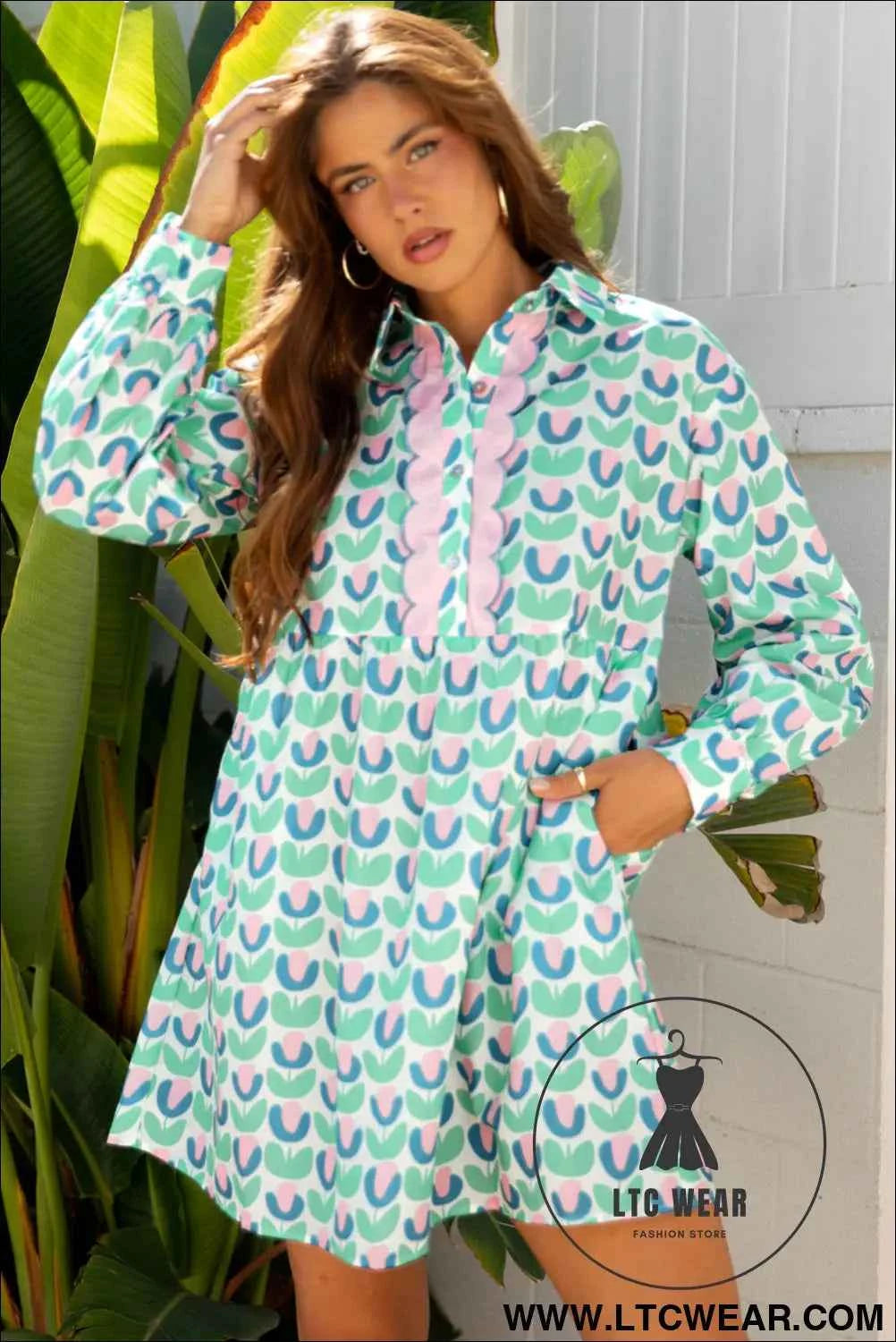 Mint Floral Print Scalloped Long Sleeve Mini Dress