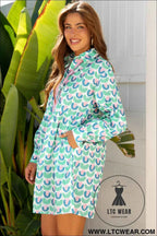 Mint Floral Print Scalloped Long Sleeve Mini Dress