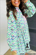 Mint Floral Print Scalloped Long Sleeve Mini Dress
