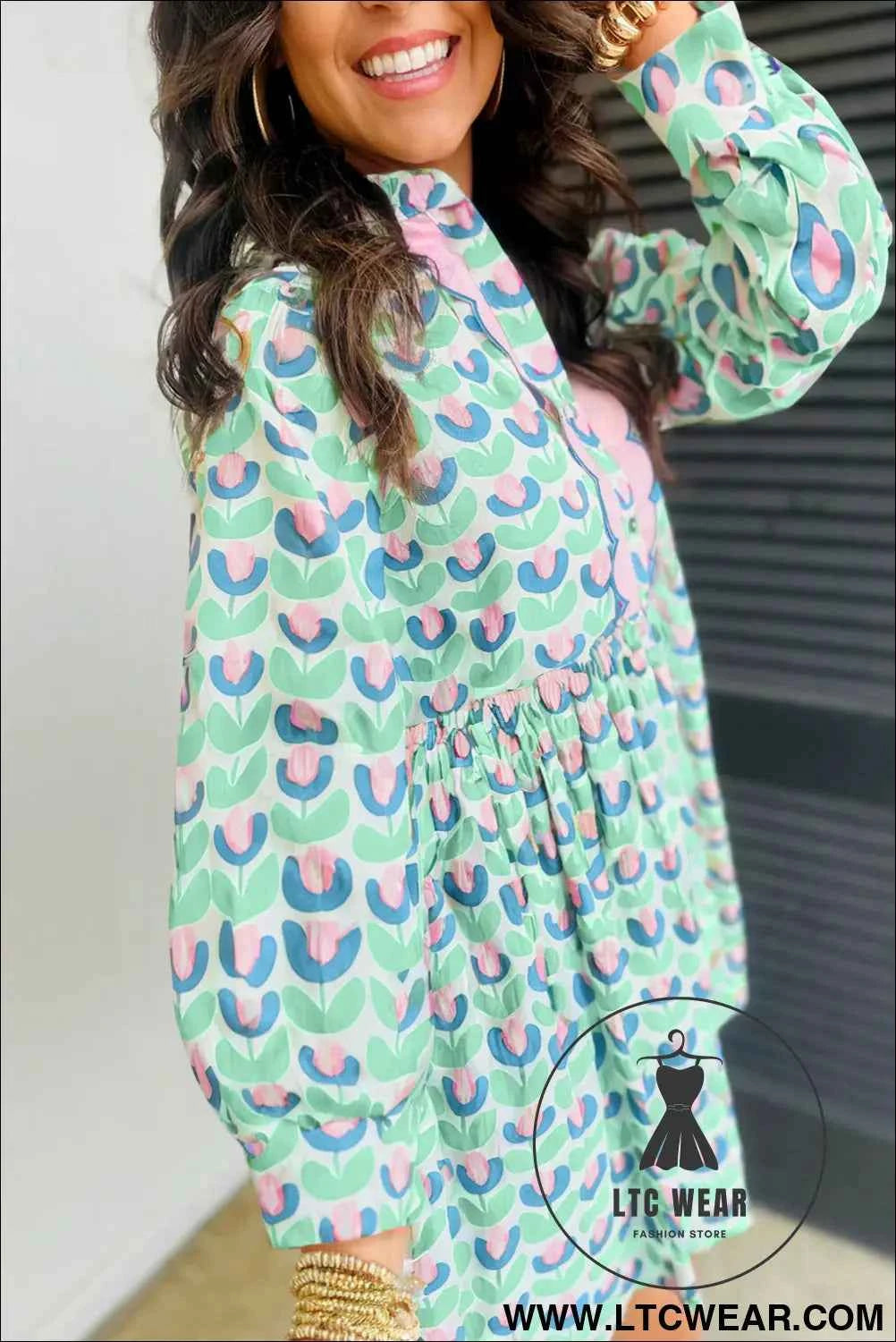 Mint Floral Print Scalloped Long Sleeve Mini Dress