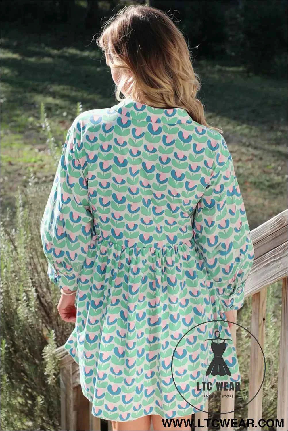 Mint Floral Print Scalloped Long Sleeve Mini Dress