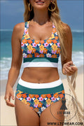 Green floral print racerback high waist bikini swimwear - green / 2xl / 85% polyester + 15% elastane - bikinis