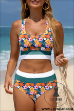 Green floral print racerback high waist bikini swimwear - green / 2xl / 85% polyester + 15% elastane - bikinis