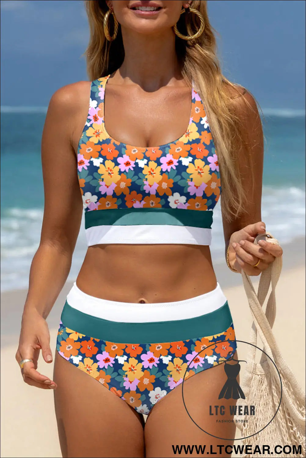 Green floral print racerback high waist bikini swimwear - green / 2xl / 85% polyester + 15% elastane - bikinis