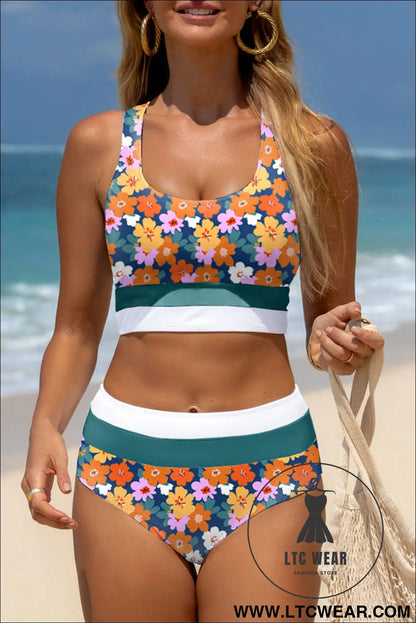 Green floral print racerback high waist bikini swimwear - green / 2xl / 85% polyester + 15% elastane - bikinis