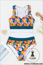 Green floral print racerback high waist bikini swimwear - bikinis