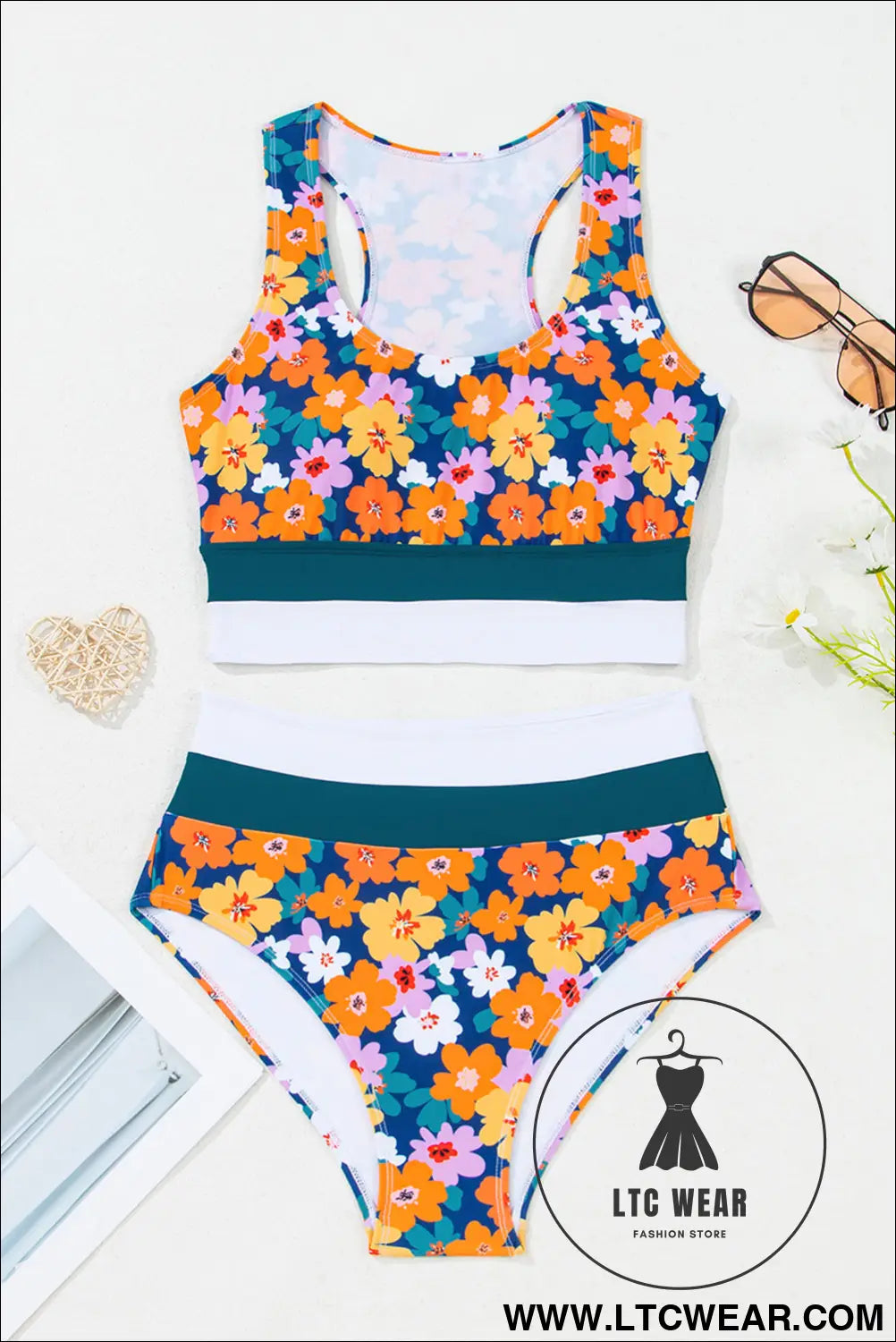 Green floral print racerback high waist bikini swimwear - bikinis