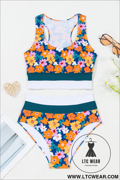 Green floral print racerback high waist bikini swimwear - bikinis