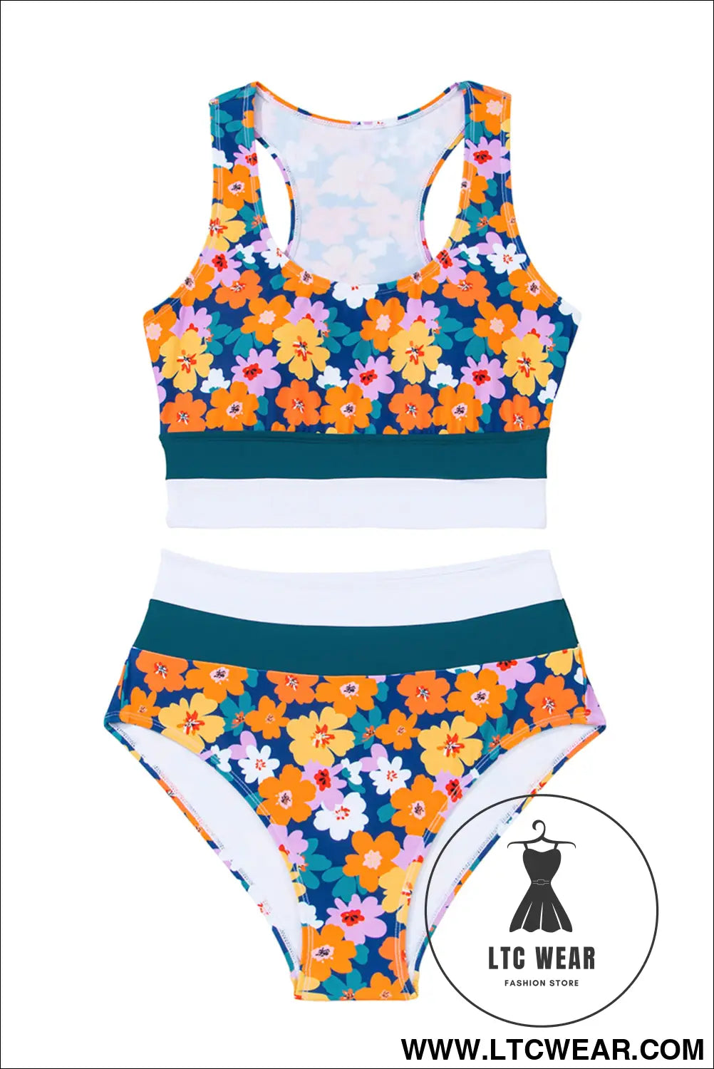 Green floral print racerback high waist bikini swimwear - bikinis