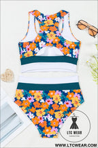 Green floral print racerback high waist bikini swimwear - bikinis