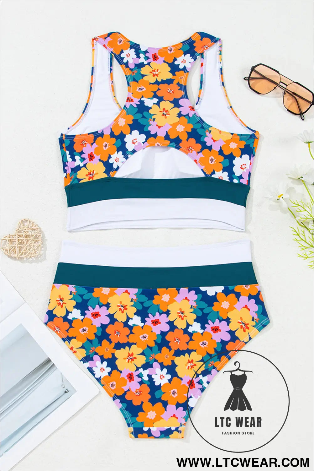 Green floral print racerback high waist bikini swimwear - bikinis