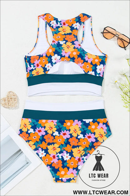 Green floral print racerback high waist bikini swimwear - bikinis