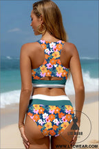 Green floral print racerback high waist bikini swimwear - bikinis