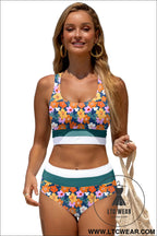 Green floral print racerback high waist bikini swimwear - bikinis