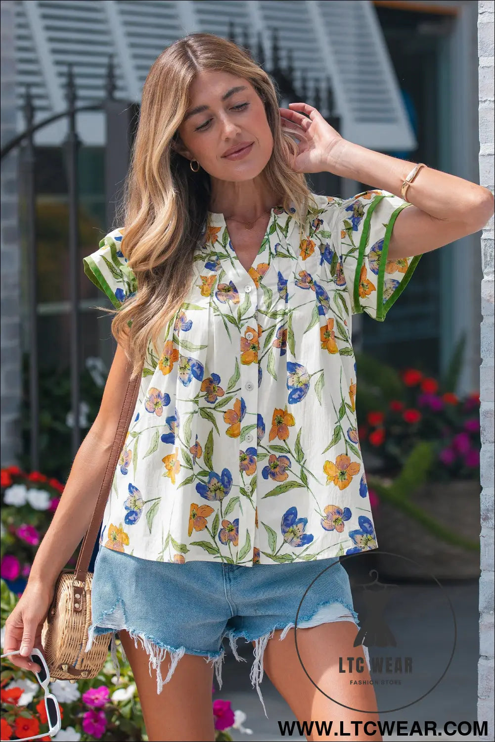 Green floral print ruffle v-neck pressed pleats binding tape cotton blouse - blouses & shirts
