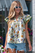 Green floral print ruffle v-neck pressed pleats binding tape cotton blouse - green / l / 100% cotton - blouses & shirts