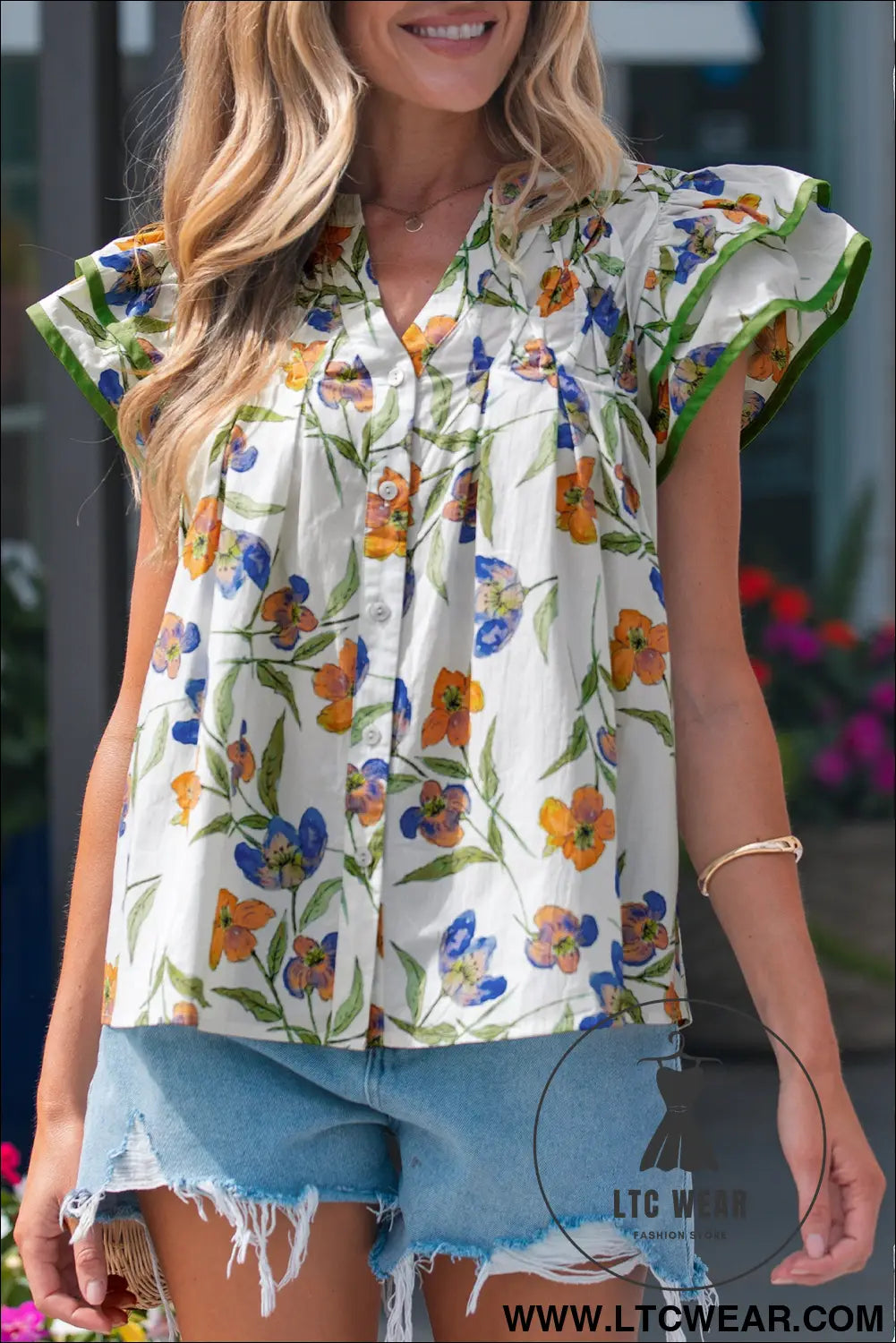 Green floral print ruffle v-neck pressed pleats binding tape cotton blouse - blouses & shirts