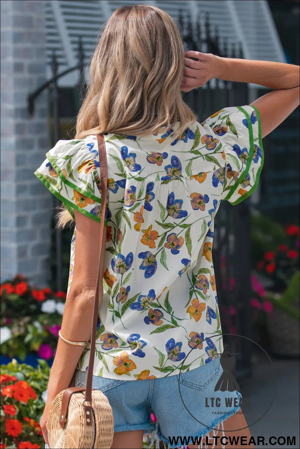 Green floral print ruffle v-neck pressed pleats binding tape cotton blouse - blouses & shirts