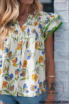 Green floral print ruffle v-neck pressed pleats binding tape cotton blouse - blouses & shirts
