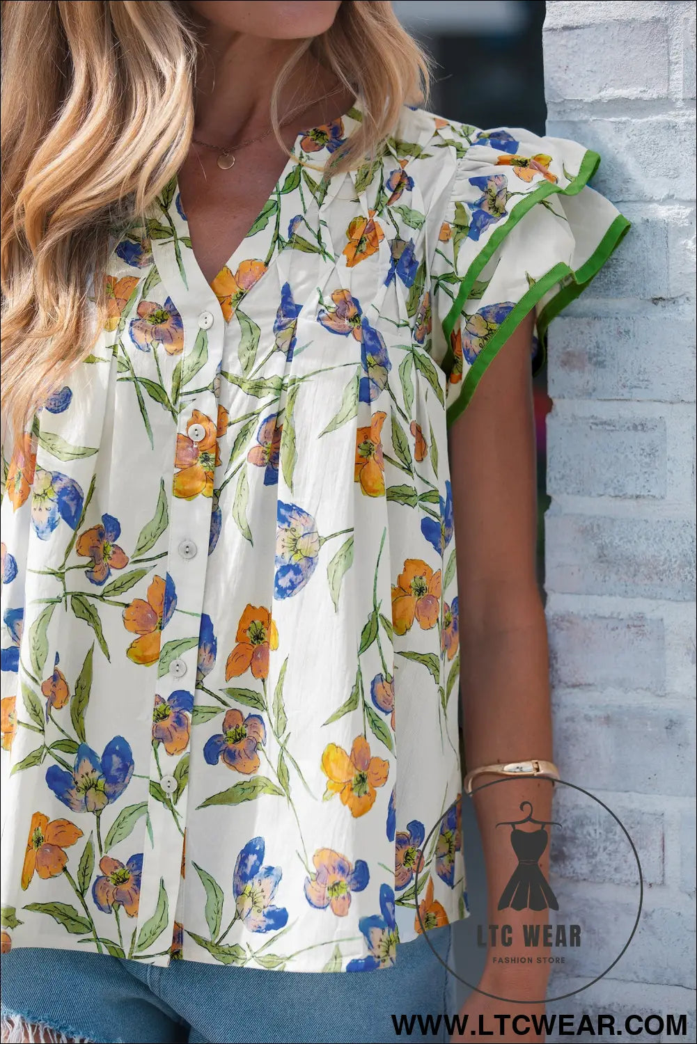 Green floral print ruffle v-neck pressed pleats binding tape cotton blouse - blouses & shirts