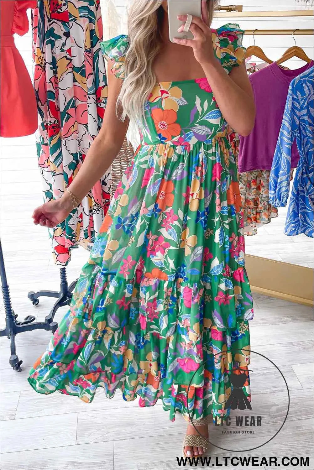 Green Floral Print Sleeveless Ruffle Tiered Maxi Dress