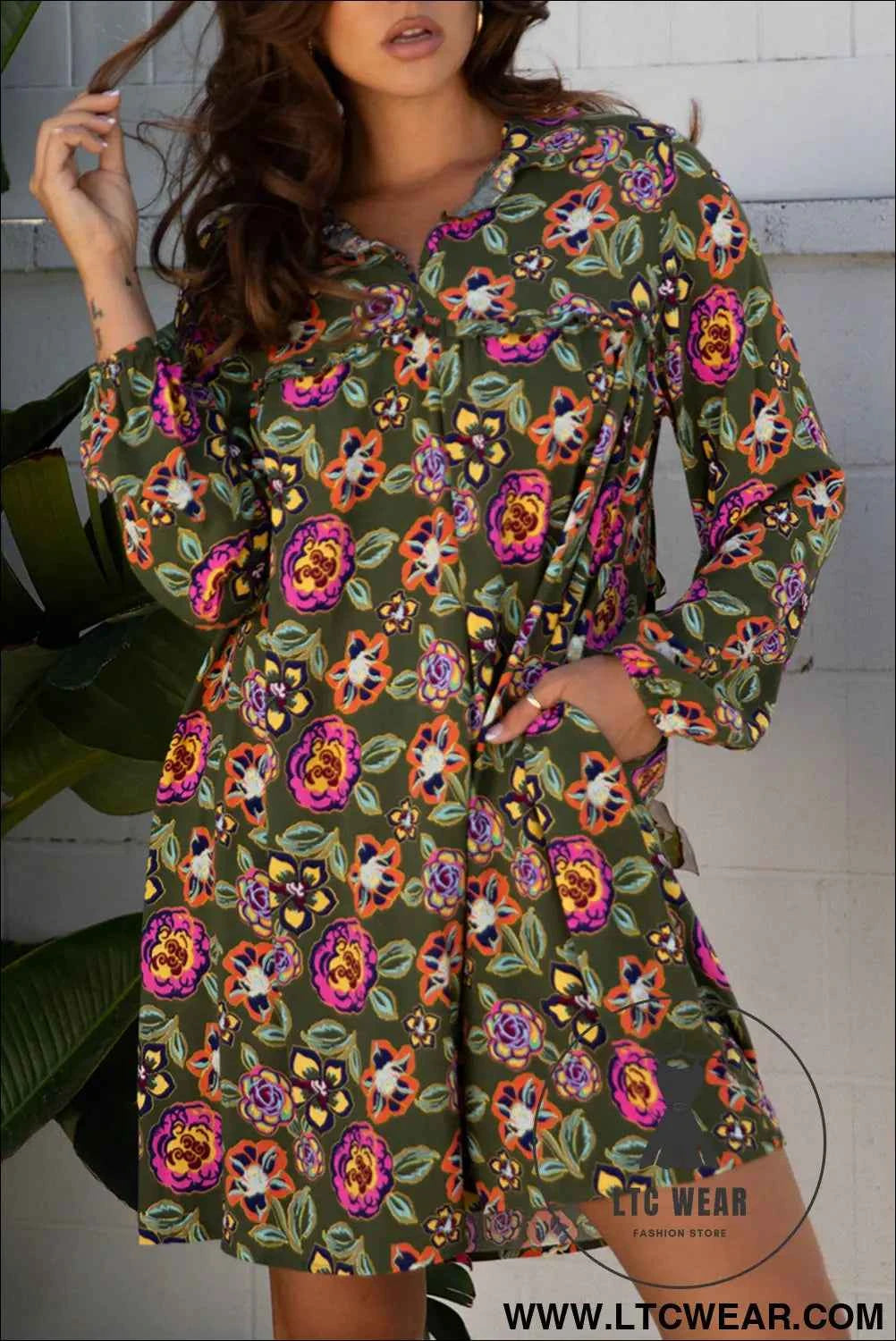 Olive Floral Bubble Sleeve Mini Dress