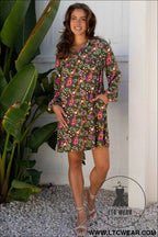 Olive Floral Bubble Sleeve Mini Dress