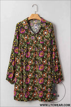 Olive Floral Bubble Sleeve Mini Dress