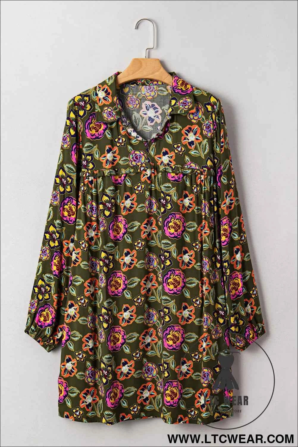 Olive Floral Bubble Sleeve Mini Dress