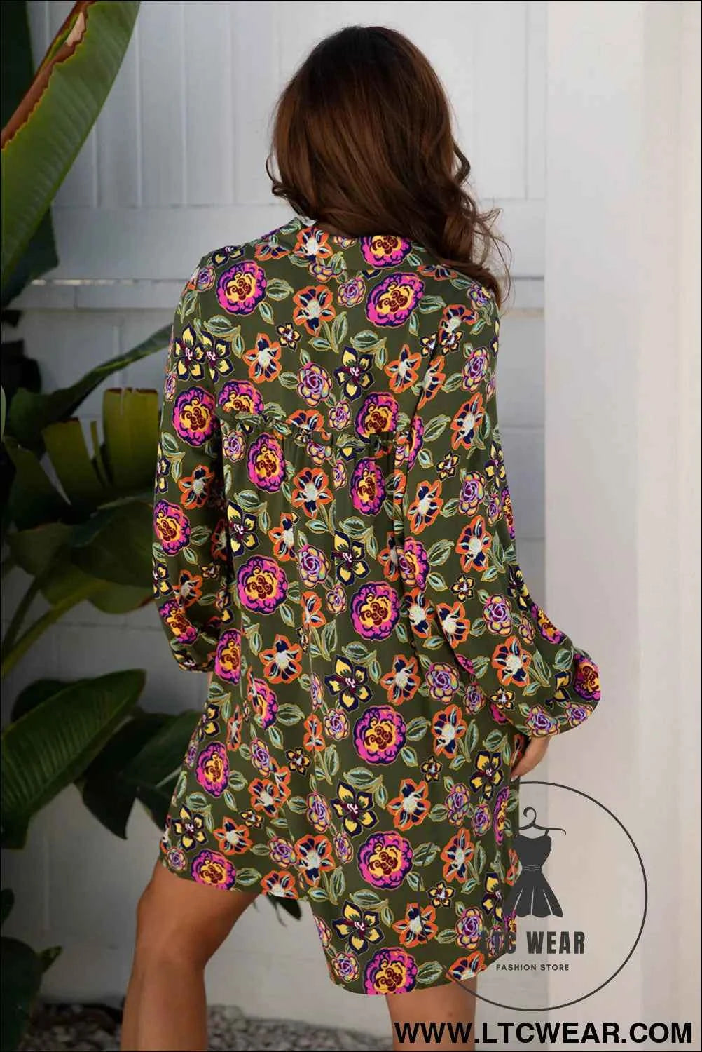 Olive Floral Bubble Sleeve Mini Dress