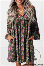 Olive Floral Bubble Sleeve Mini Dress