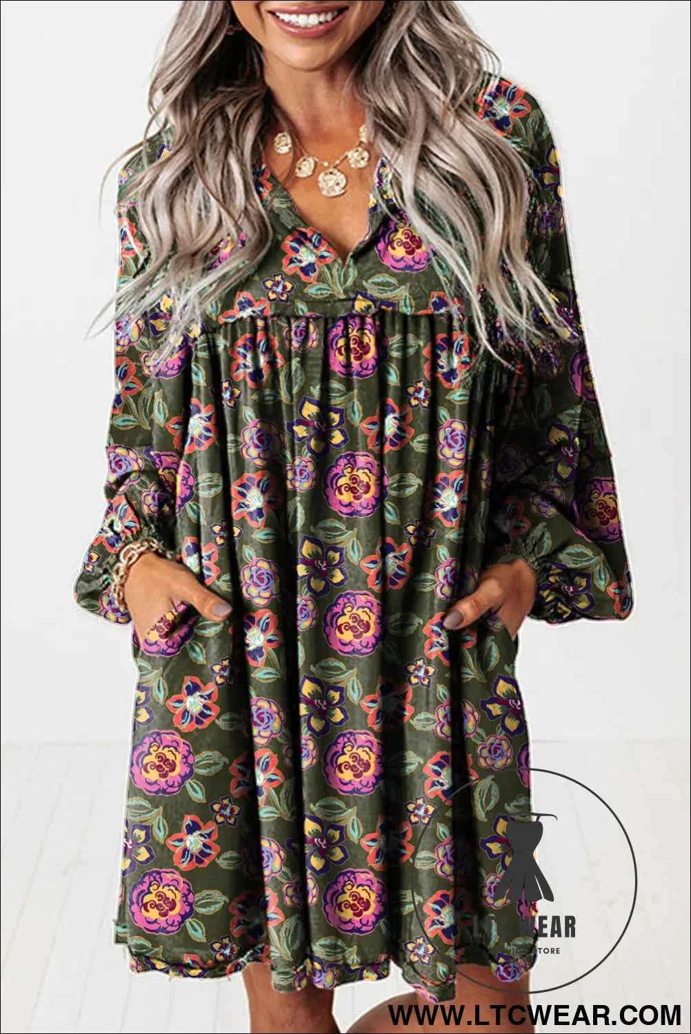 Olive Floral Bubble Sleeve Mini Dress