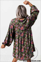 Olive Floral Bubble Sleeve Mini Dress