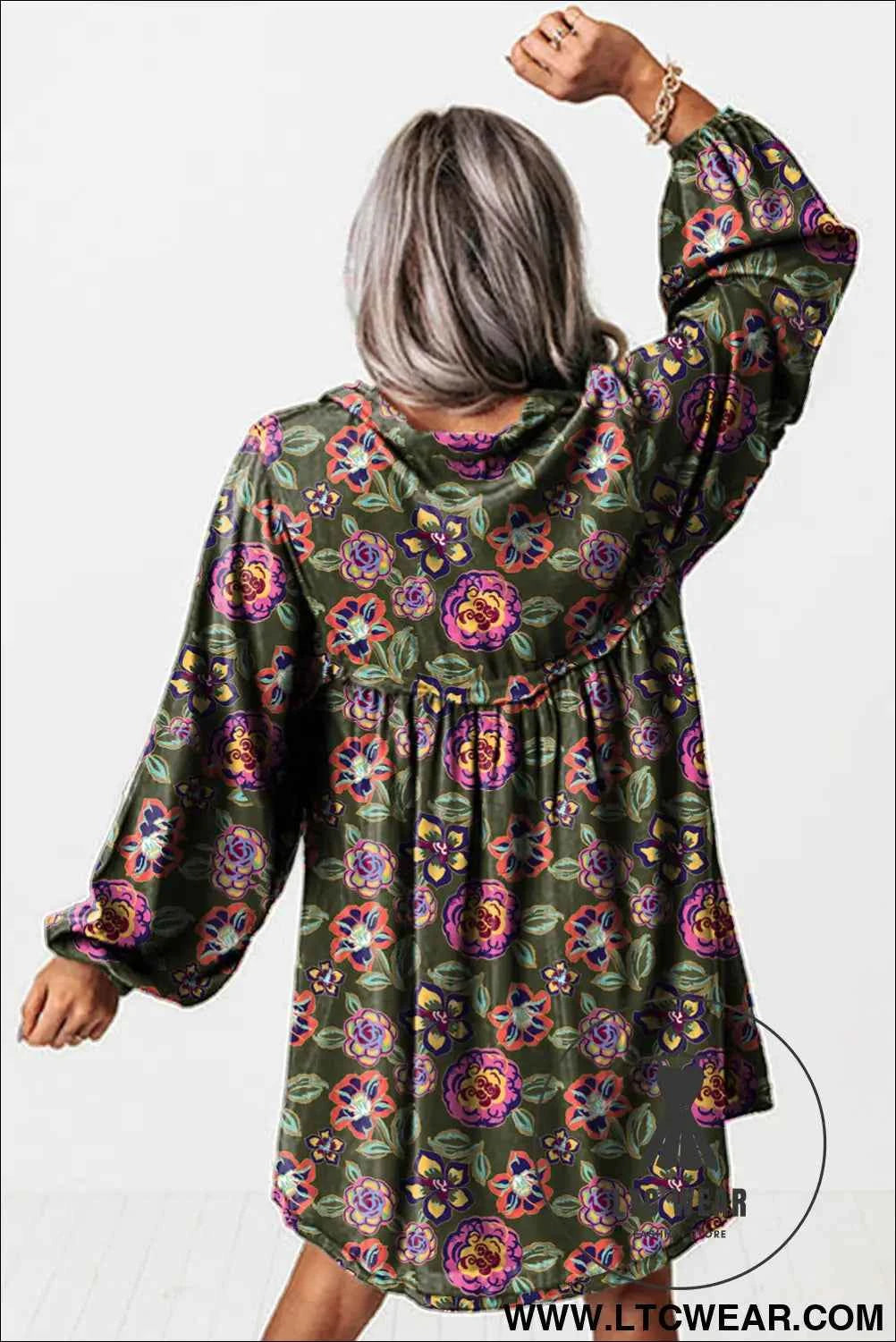 Olive Floral Bubble Sleeve Mini Dress