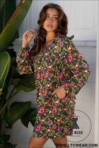 Olive Floral Bubble Sleeve Mini Dress