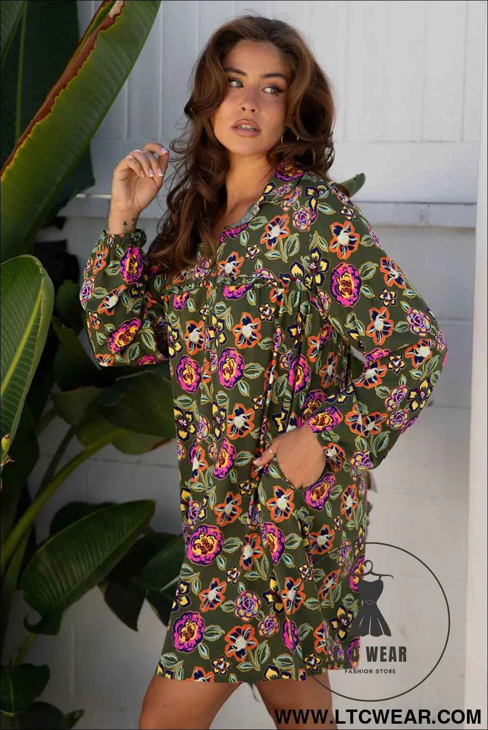 Olive Floral Bubble Sleeve Mini Dress