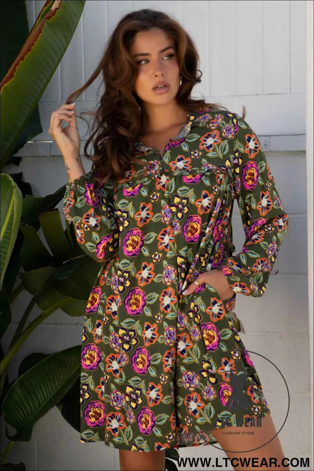 Olive Floral Bubble Sleeve Mini Dress