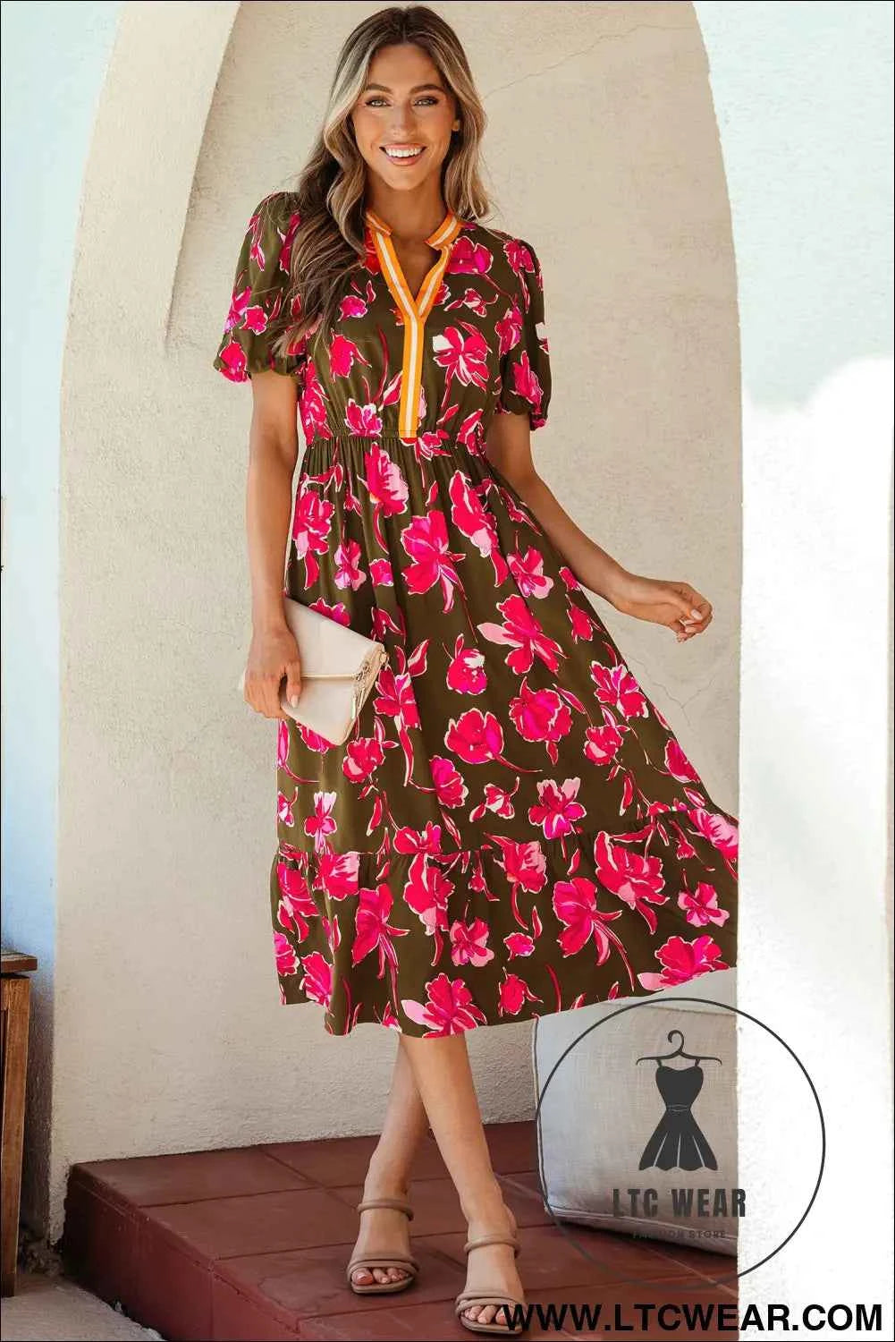 Green Floral Print Striped Trim Split Neck Short Puff Sleeve Ruffle Hem Maxi Dress