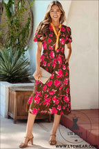 Green Floral Print Striped Trim Split Neck Short Puff Sleeve Ruffle Hem Maxi Dress