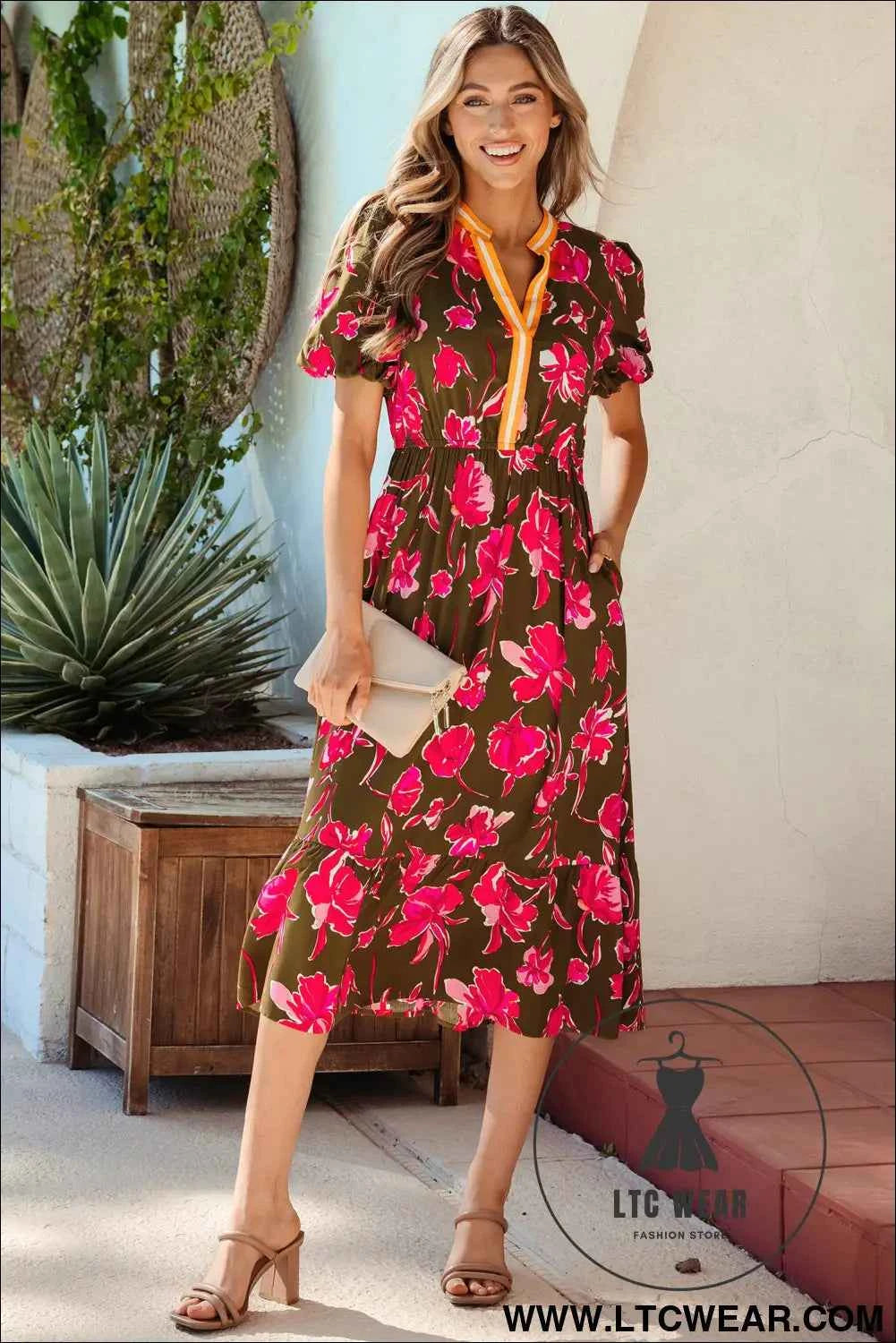 Green Floral Print Striped Trim Split Neck Short Puff Sleeve Ruffle Hem Maxi Dress