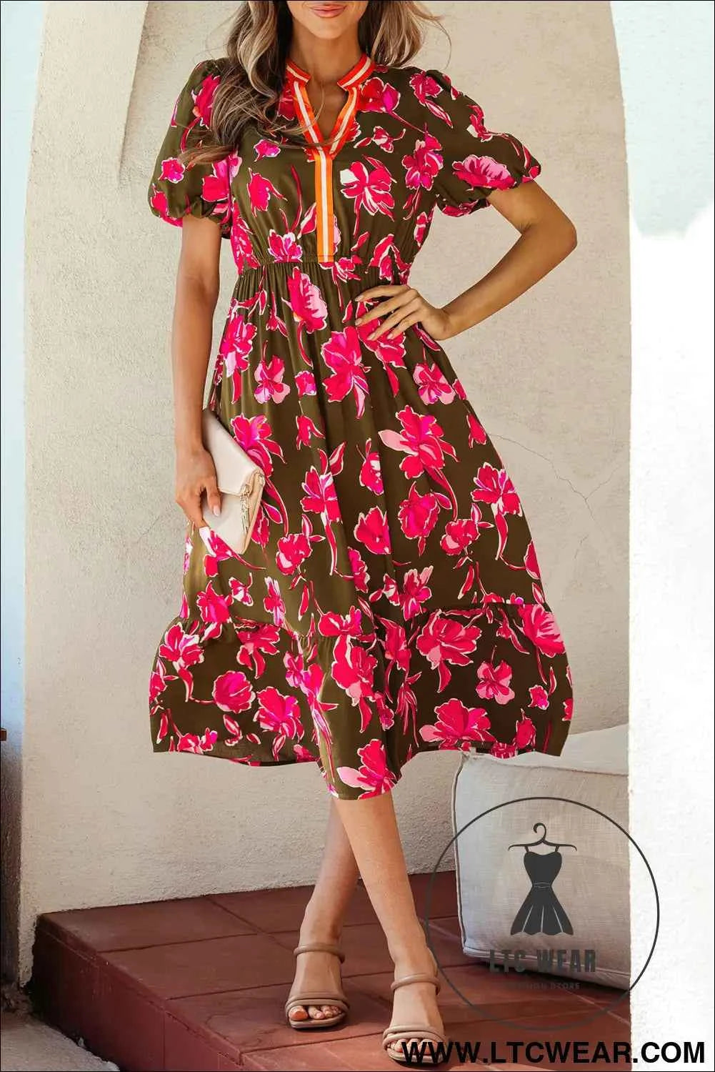 Green Floral Print Striped Trim Split Neck Short Puff Sleeve Ruffle Hem Maxi Dress