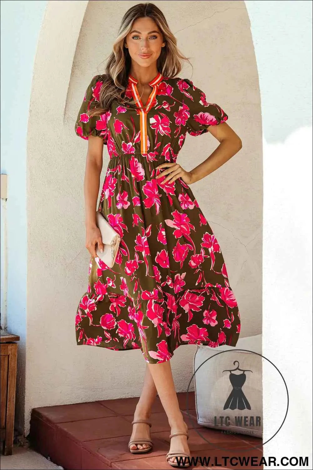 Green Floral Print Striped Trim Split Neck Short Puff Sleeve Ruffle Hem Maxi Dress