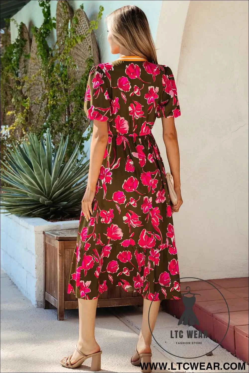 Green Floral Print Striped Trim Split Neck Short Puff Sleeve Ruffle Hem Maxi Dress