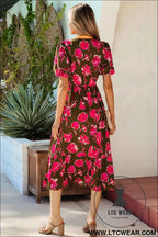 Green Floral Print Striped Trim Split Neck Short Puff Sleeve Ruffle Hem Maxi Dress