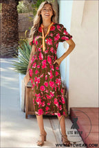 Green Floral Print Striped Trim Split Neck Short Puff Sleeve Ruffle Hem Maxi Dress