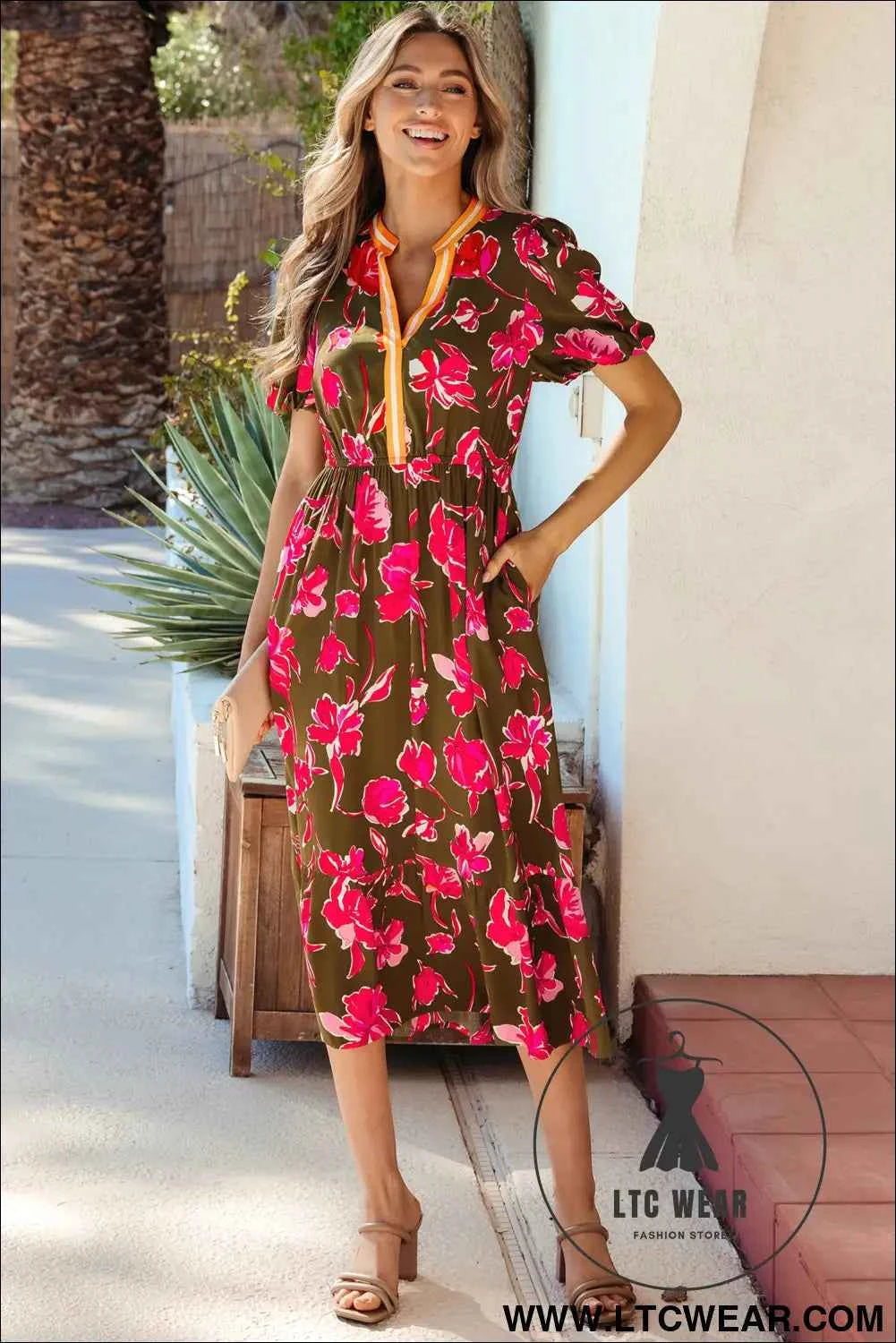 Green Floral Print Striped Trim Split Neck Short Puff Sleeve Ruffle Hem Maxi Dress