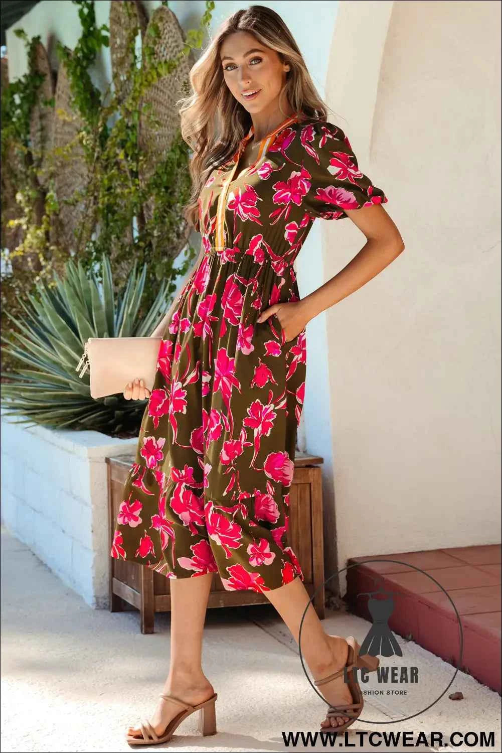 Green Floral Print Striped Trim Split Neck Short Puff Sleeve Ruffle Hem Maxi Dress