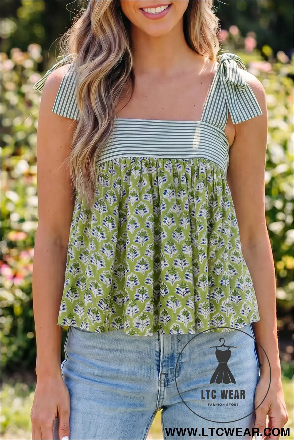 Green Floral Printed Knot Straps Babydoll Tank Top - L.T.C Wear Online Fashion Store