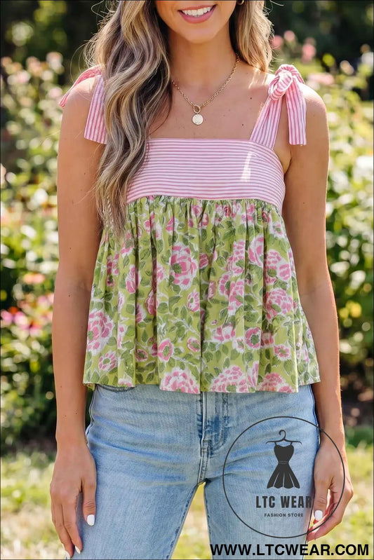 Green Floral Printed Knot Straps Babydoll Tank Top
