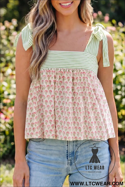 Green Floral Printed Knot Straps Babydoll Tank Top - L.T.C Wear Online Fashion Store